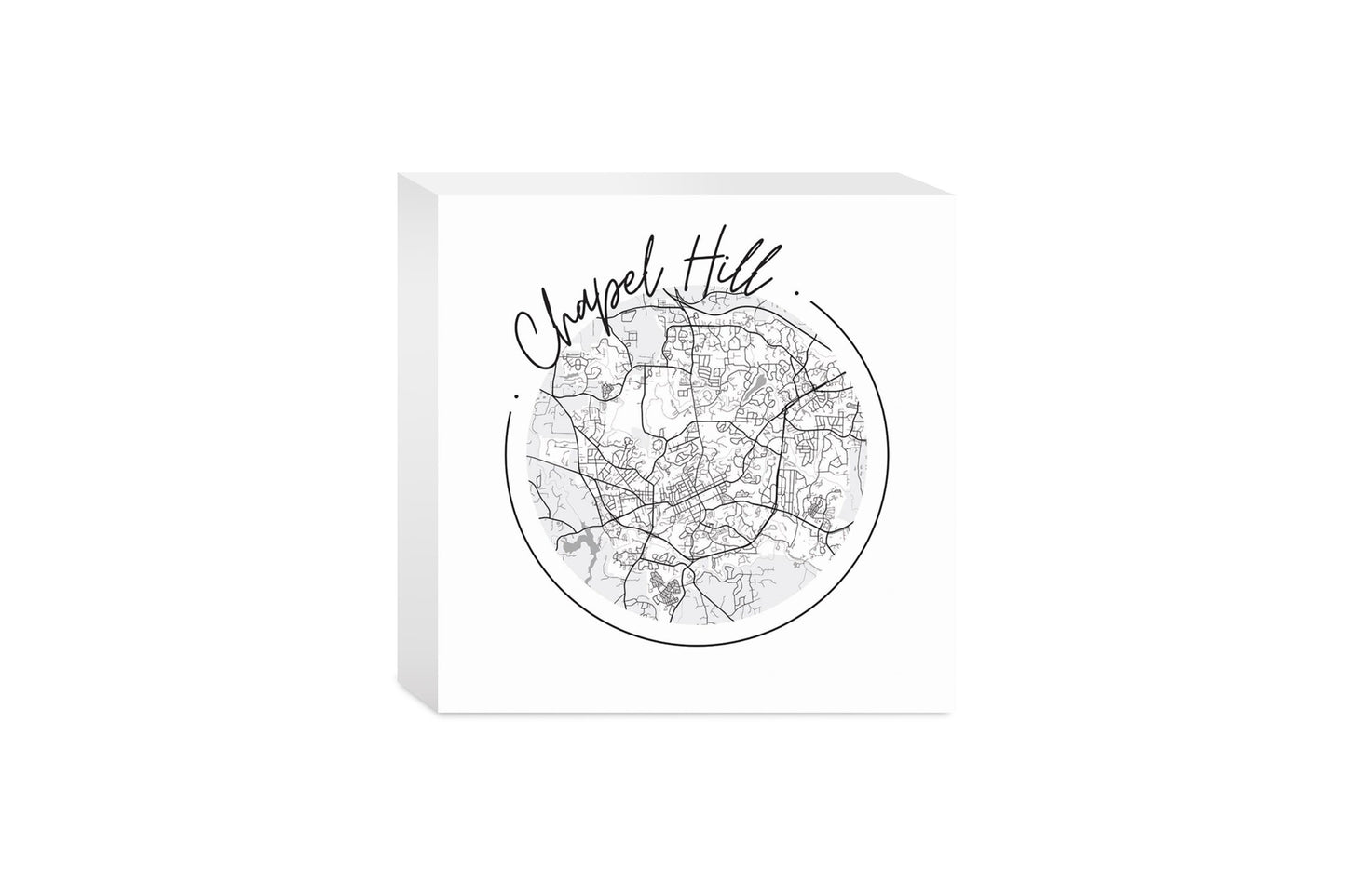Minimalistic B&W North Carolina Chapel Hill Circle Map | Wood Block | Eaches | Min 4