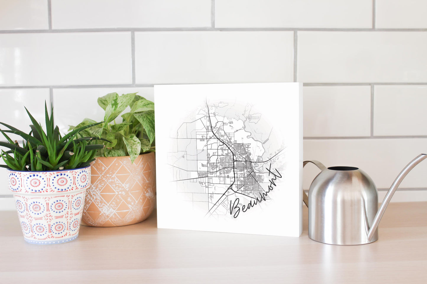 Minimalistic B&W Texas Beaumont Circle Map | Wood Block | Eaches | Min 2