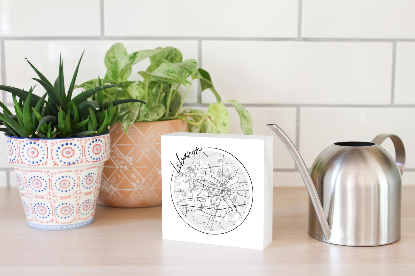 Minimalist B&W Tennessee Lebanon Circle Map | Wood Block | Eaches | Min 4