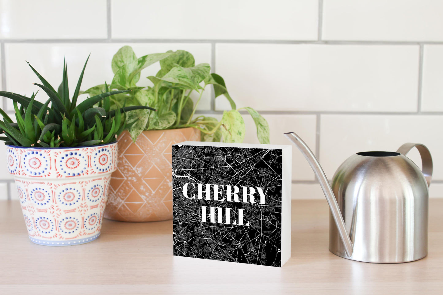 Minimalistic B&W New Jersey Cherry Hill Map | Wood Block | Eaches | Min 4