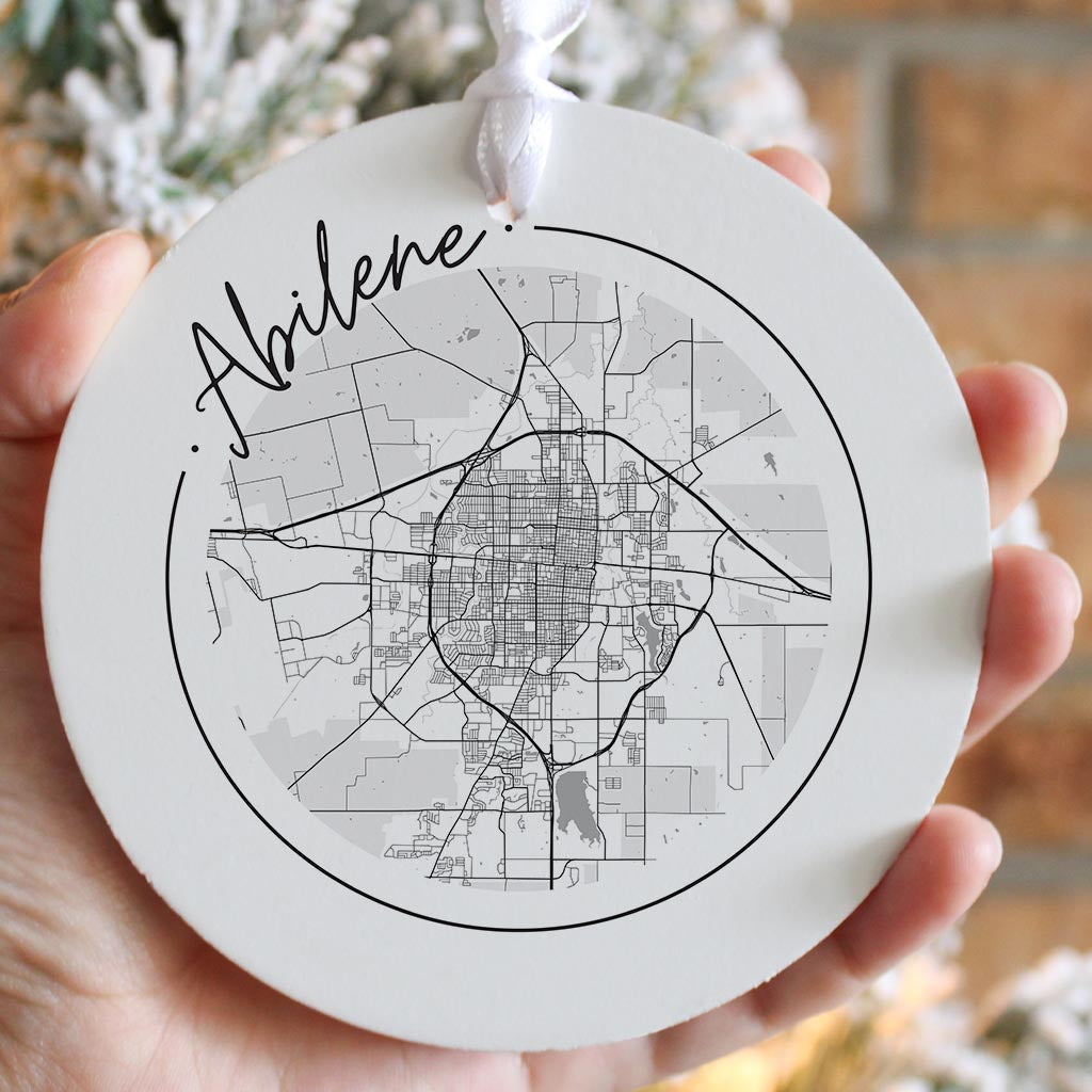 Minimalist B&W Texas Abilene Circle Map| Wood Ornament | Eaches | Min 6
