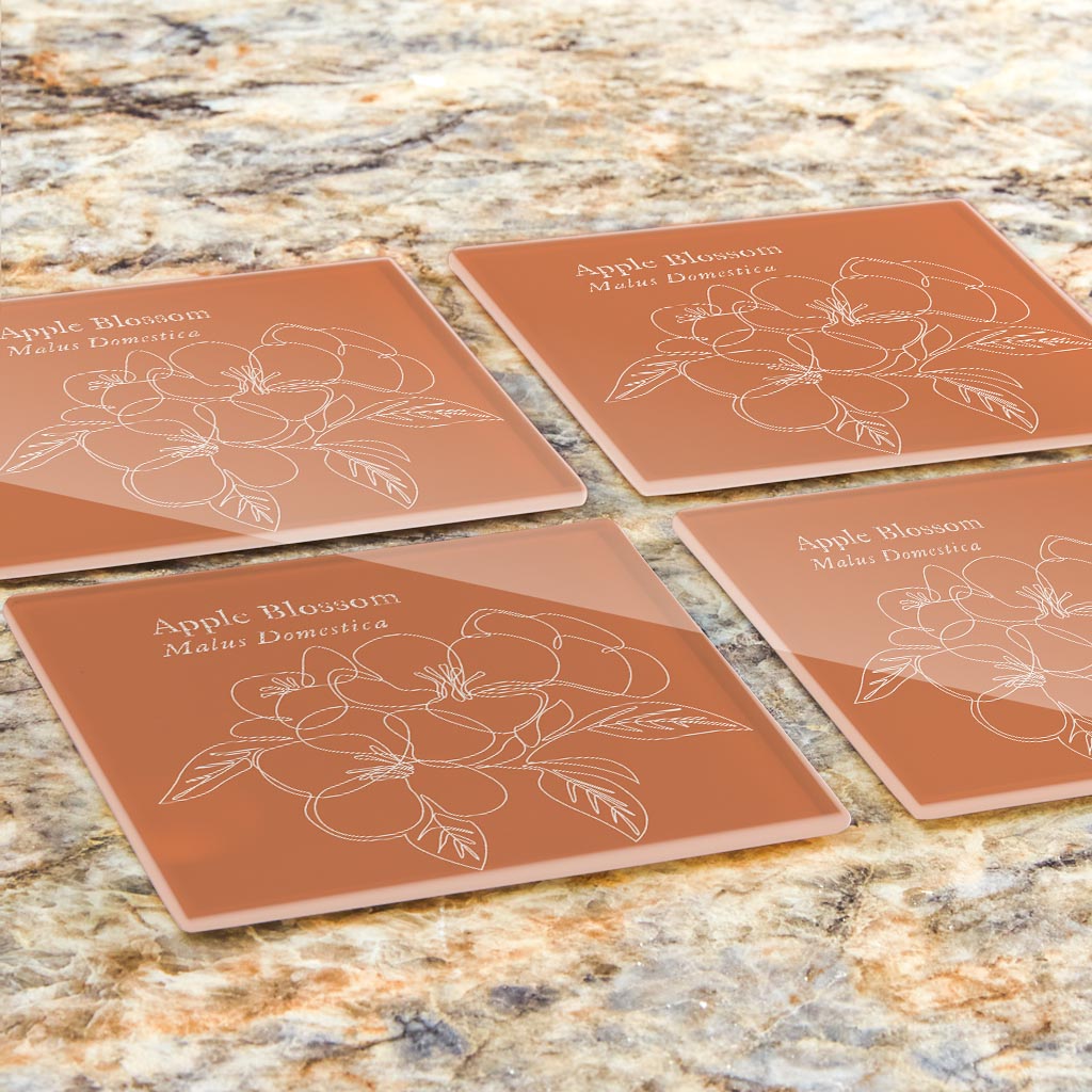 Modern Minimalist Arkansas Single Line Apple Blossoms | Hi-Def Glass Coasters | Set of 4 | Min 2