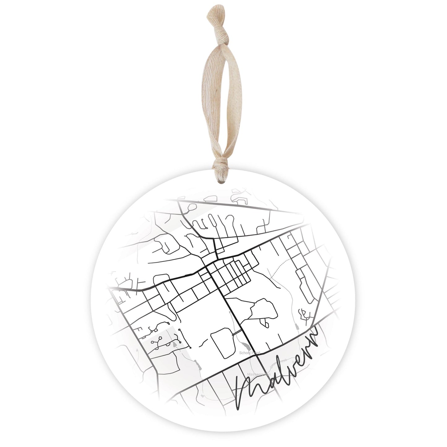 Minimalistic B&W Pennsylvania Malvern Circle Map | Wood Ornament | Eaches | Min 1