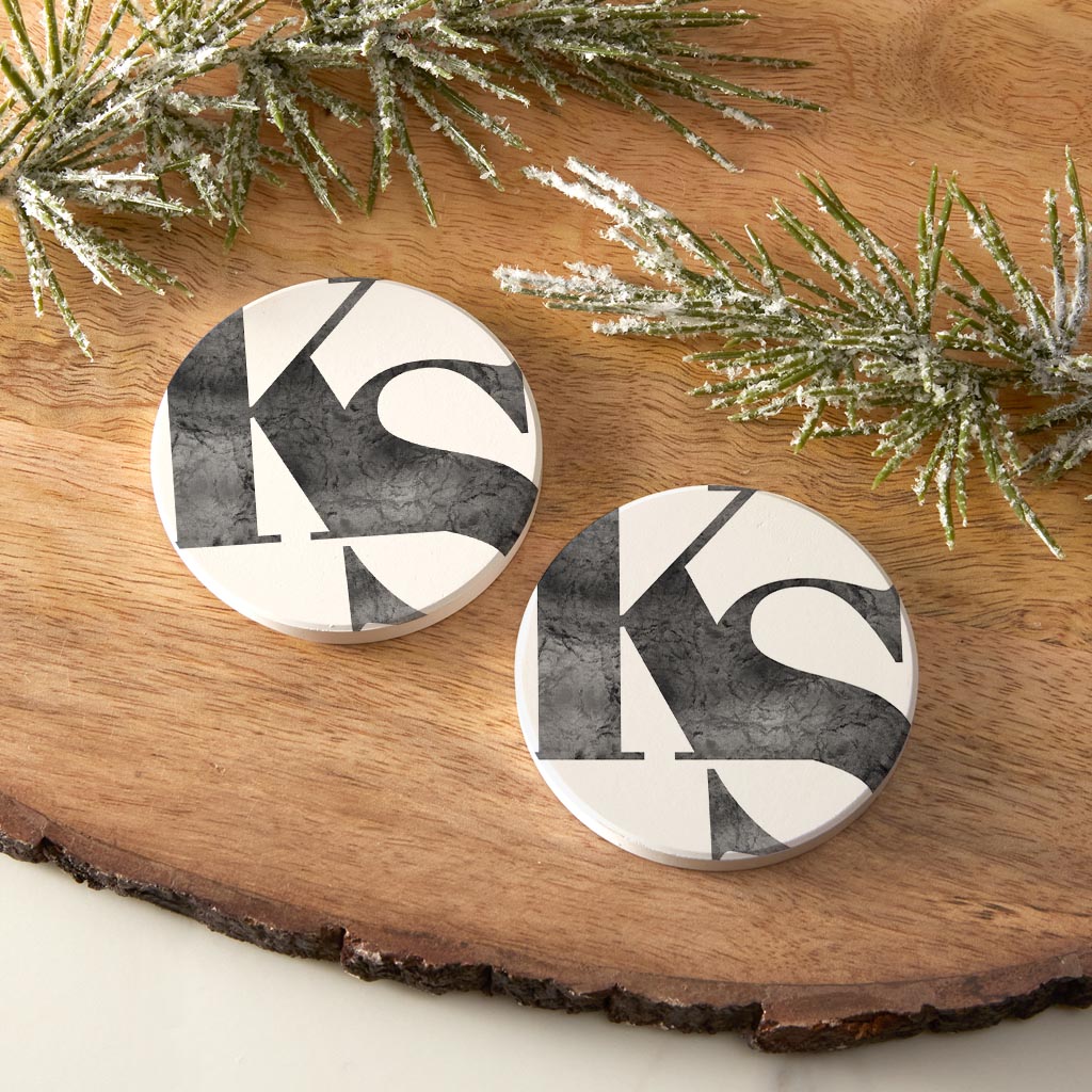 Minimalist B&W Kansas White Initials| Absorbent Car Coasters | Set of 2 | Min 4