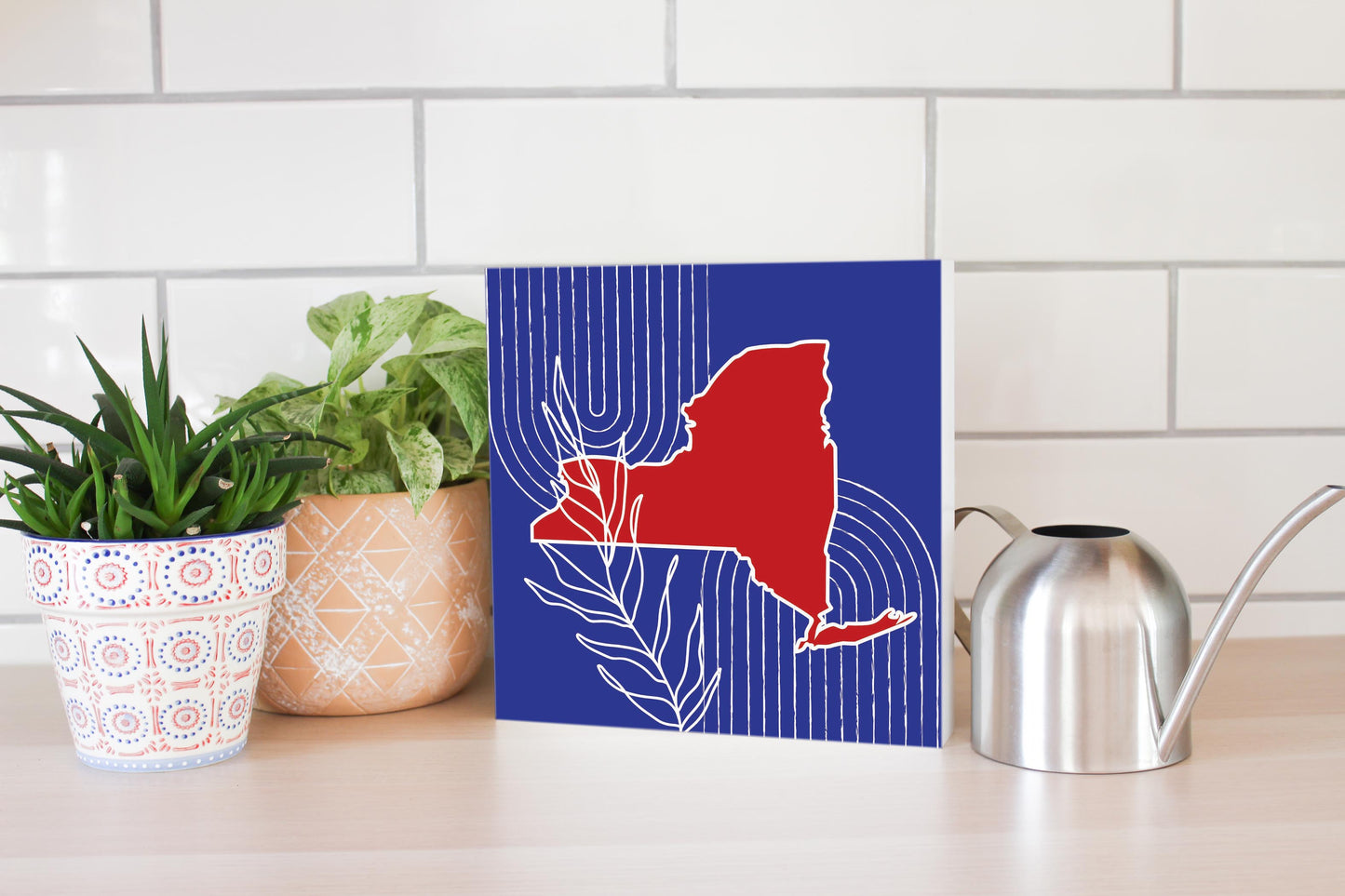 Red White And Blue New York State Retro Thin Lines | Wood Block | Eaches | Min 2