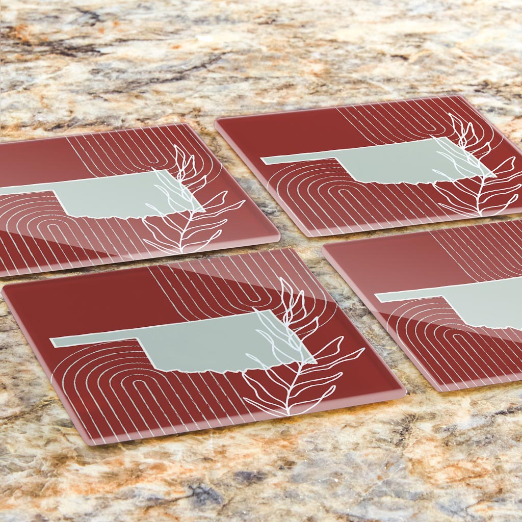 Modern Minimalist Oklahoma State Shape With Leaf | Hi-Def Glass Coasters | Set of 4 | Min 2