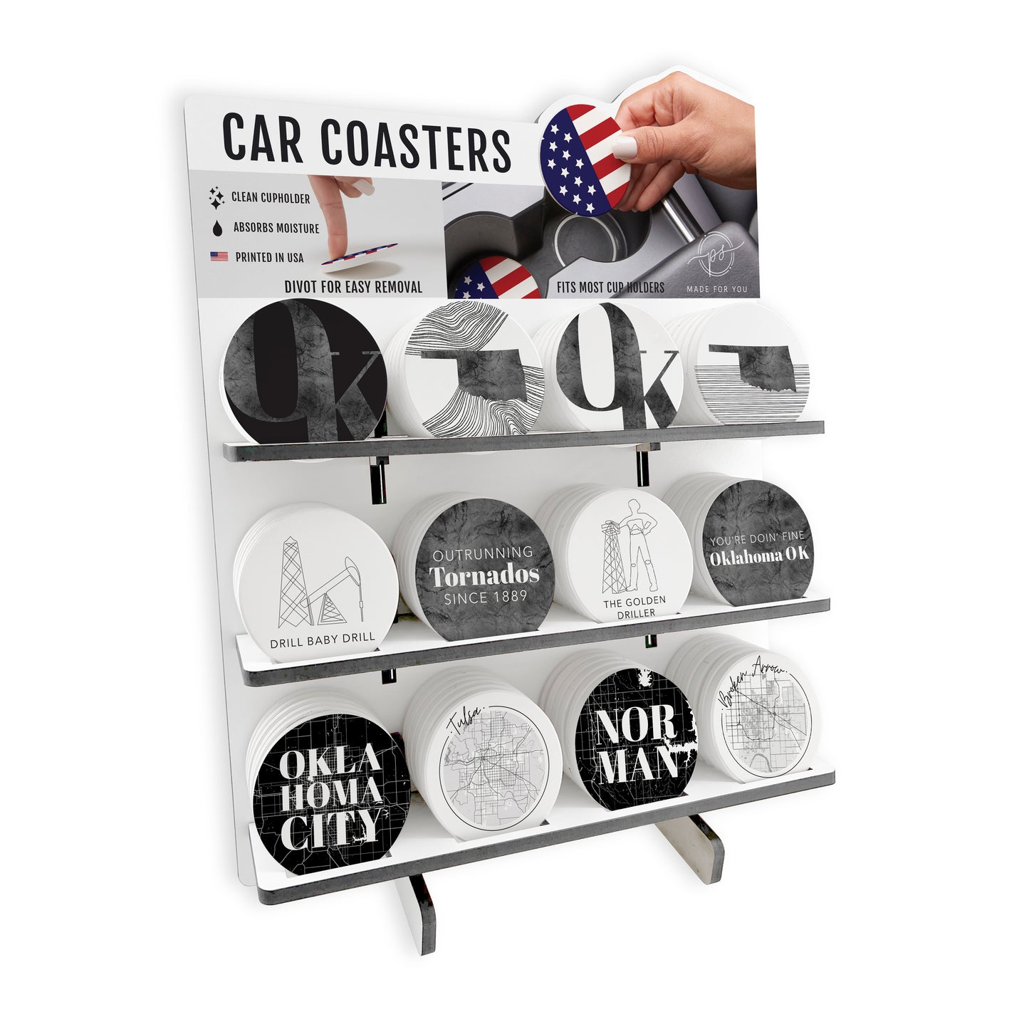 Modern Black & White Oklahoma Car Ceramic Coaster Loaded Display POP Min of 1