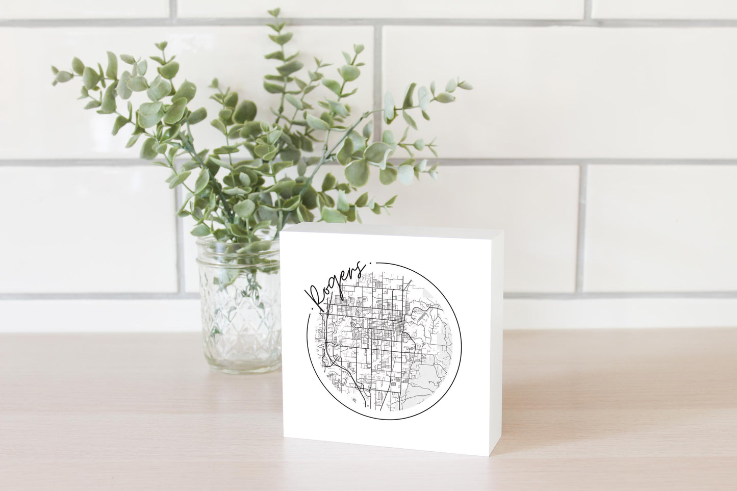 Minimalist B&W Arkansas Rogers Circle Map | Wood Block | Eaches | Min 4