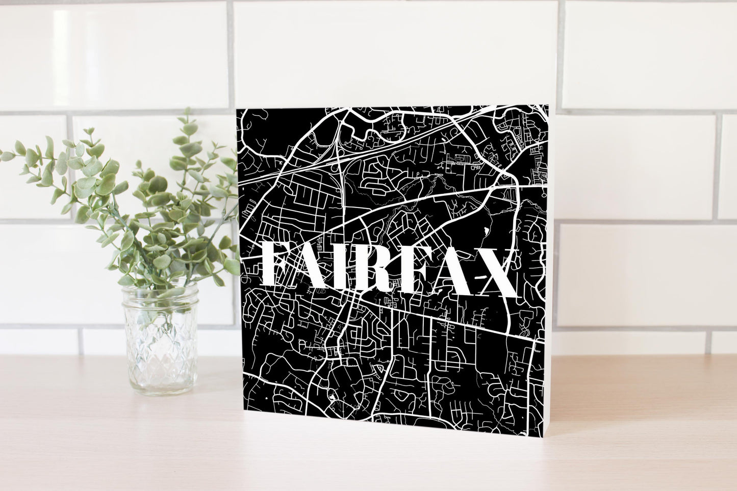 Minimalistic B&W Virginia Fairfax Map | Wood Block | Eaches | Min 2