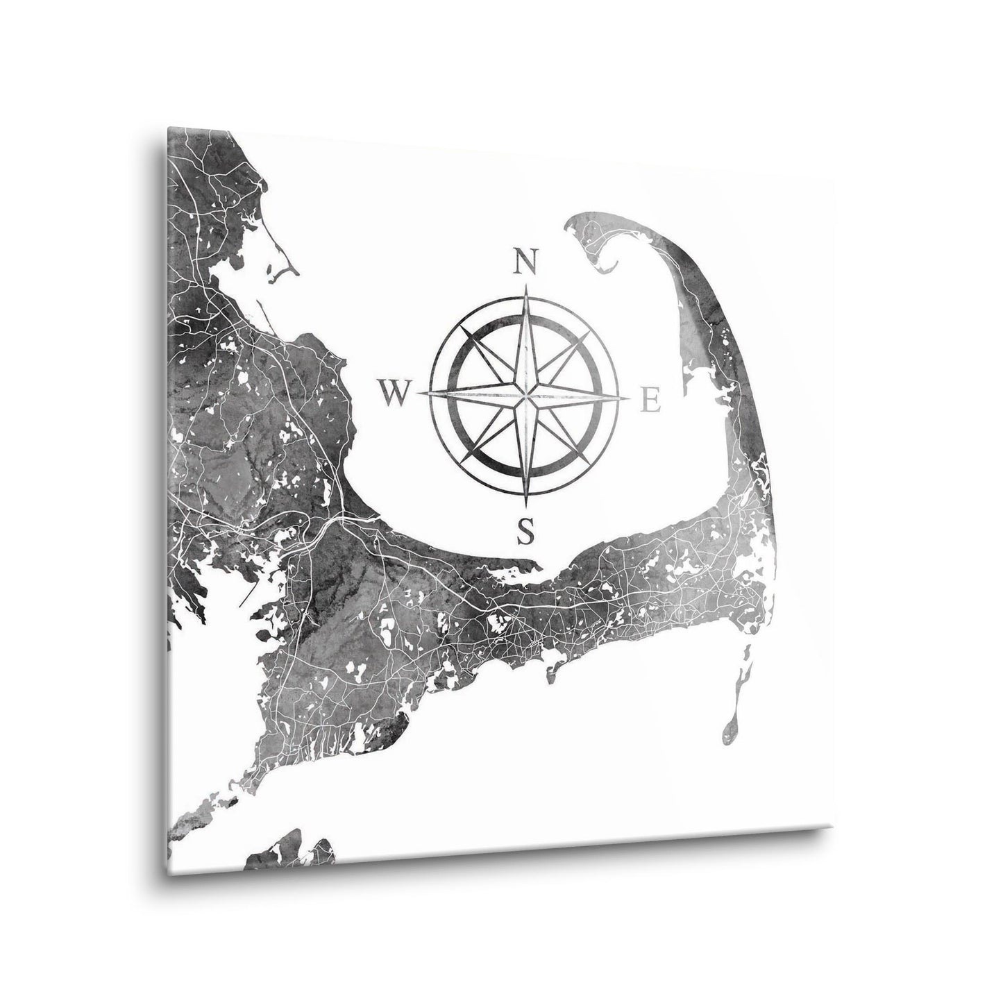 Minimalistic B&W Cape Cod Map With Compass | Hi-Def Glass Art | Eaches | Min 1