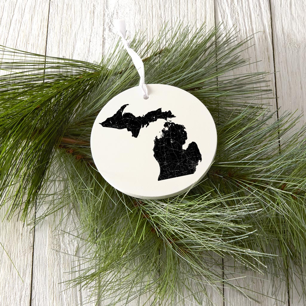 Minimalistic B&W Michigan Map Petoskey Star | Wood Ornament | Eaches | Min 6