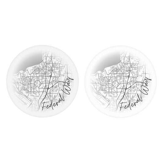 Minimalistic B&W Washington Federal Way Circle Map | Absorbent Car Coasters | Set of 2 | Min 4