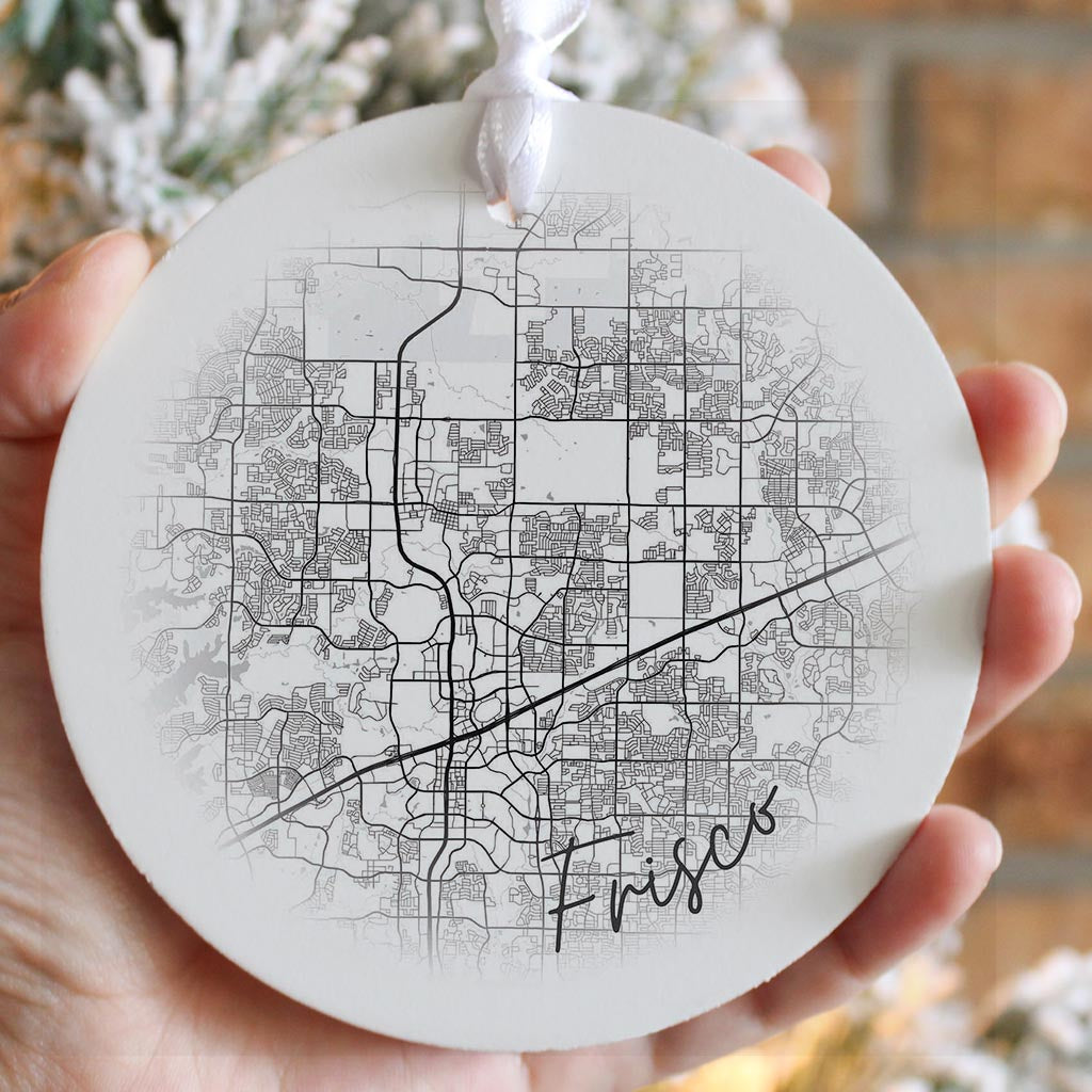 Minimalistic B&W Texas Frisco Circle Map | Wood Ornament | Eaches | Min 6