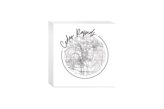 Minimalistic B&W Iowa Cedar Rapids Circle Map | Wood Block | Eaches | Min 4