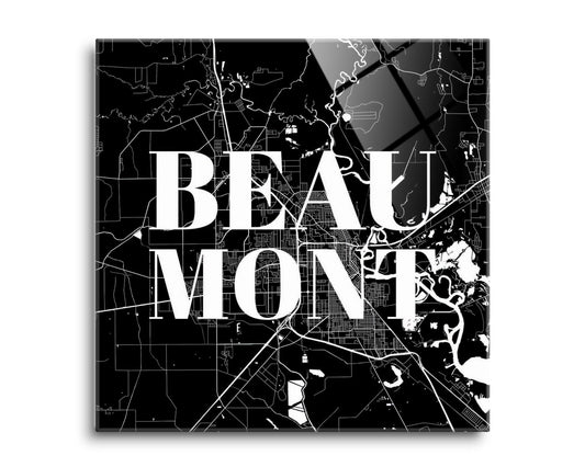 Minimalistic B&W Texas Beaumont Map | Hi-Def Glass Art | Eaches | Min 2