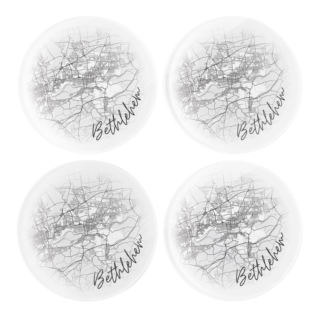 Minimalistic B&W Pennsylvania Bethlehem Circle Map | Hi-Def Glass Coasters | Set of 4 | Min 2