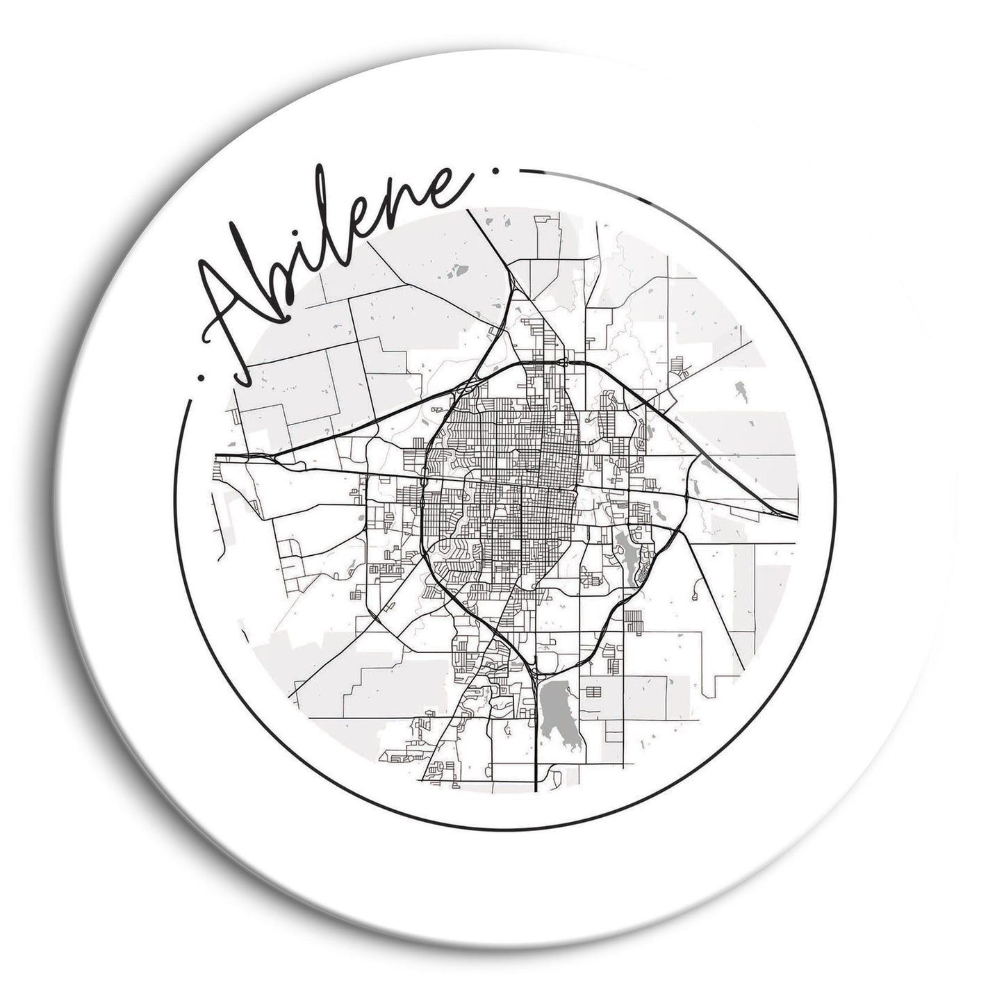 Minimalist B&W Texas Abilene Circle Map | Hi-Def Glass Art | Eaches | Min 1