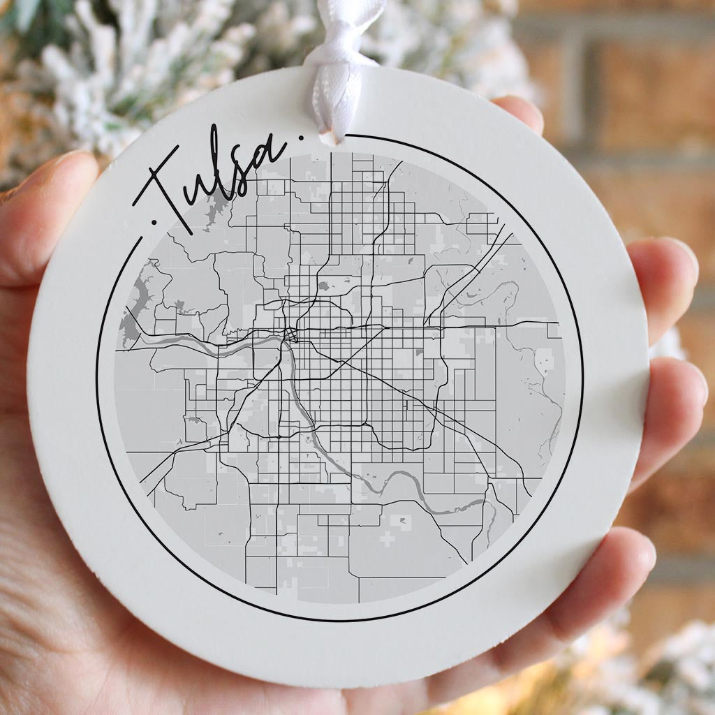 Modern Oklahoma Tulsa Circle Map | Wood Ornament | Eaches | Min 6