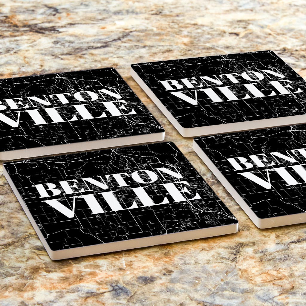 Minimalist B&W Arkansas Bentonville Map | Absorbent Coasters | Set of 4 | Min 2
