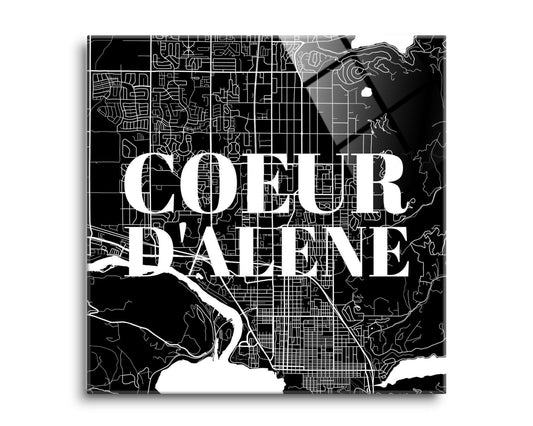 Minimalist B&W Idaho Coeur Dalene Map | Hi-Def Glass Art | Eaches | Min 2