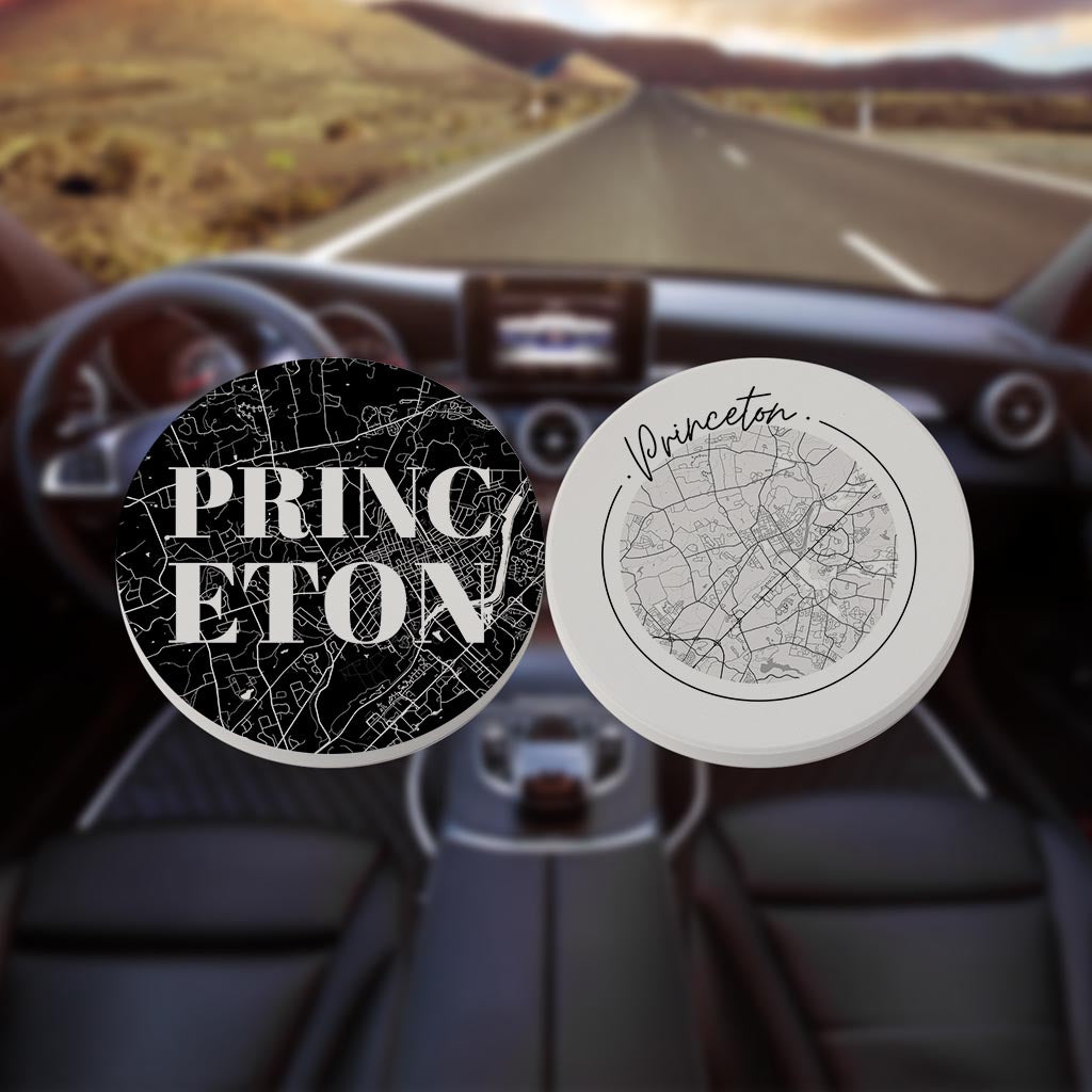 Minimalistic B&W New Jersey Princeton Maps | Absorbent Car Coasters | Set of 2 | Min 4