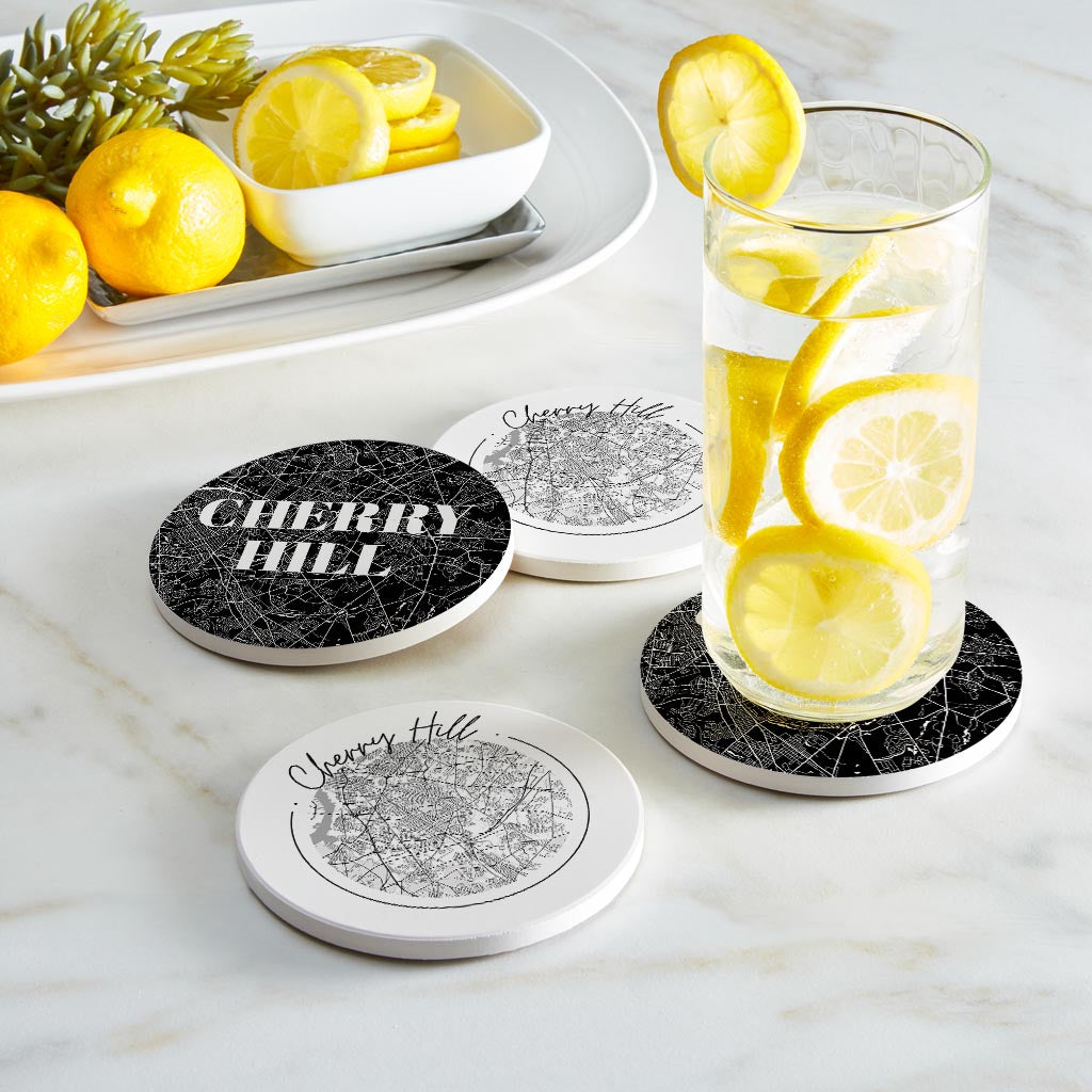 Minimalistic B&W New Jersey Cherry Hill Maps | Absorbent Coasters | Set of 4 | Min 2
