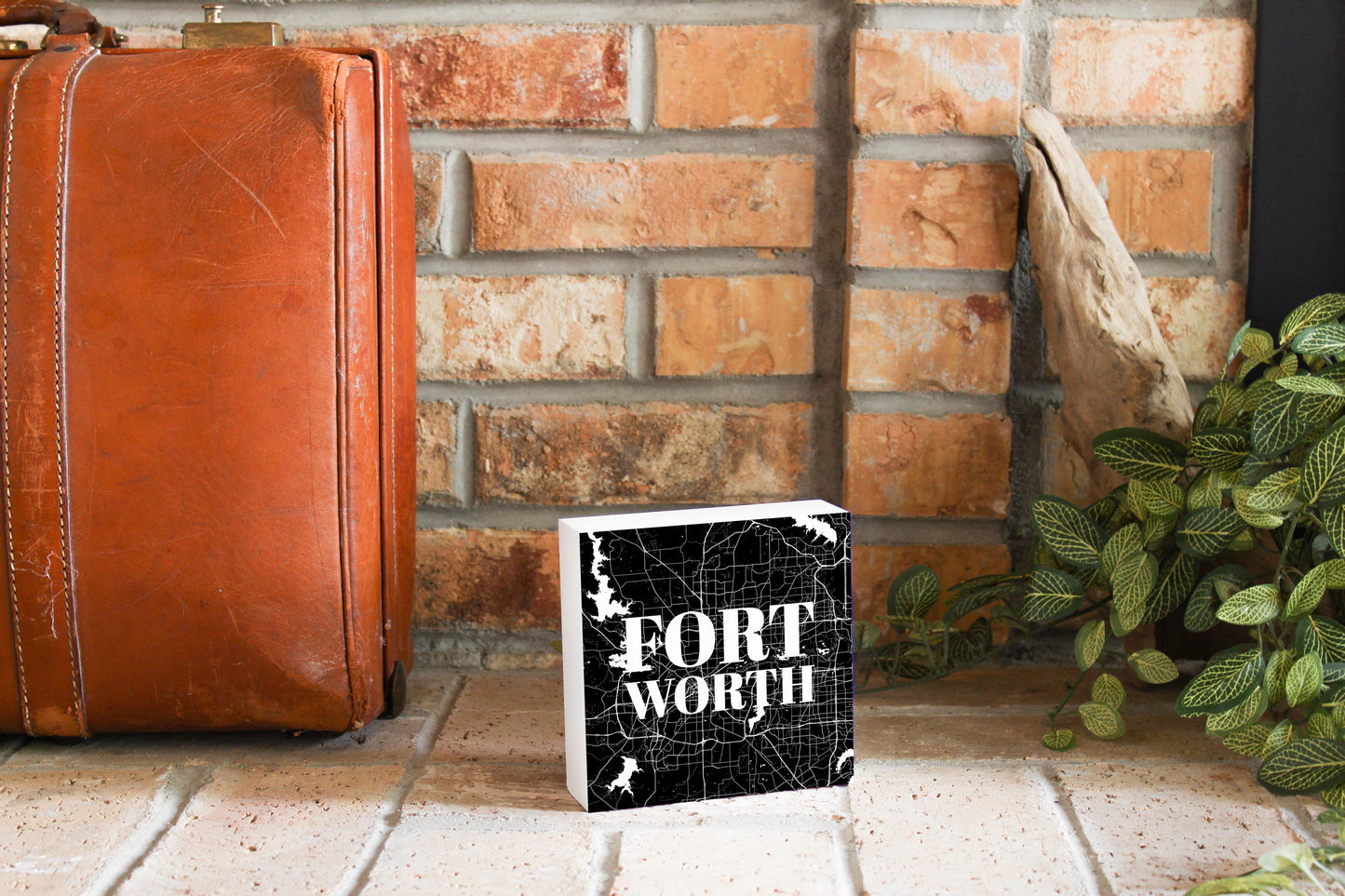 Minimalistic B&W Texas Fort Worth Map | Wood Block | Eaches | Min 4