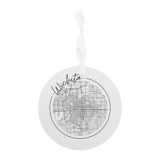 Minimalist B&W Kansas Wichita Circle Map | Wood Ornament | Eaches | Min 6