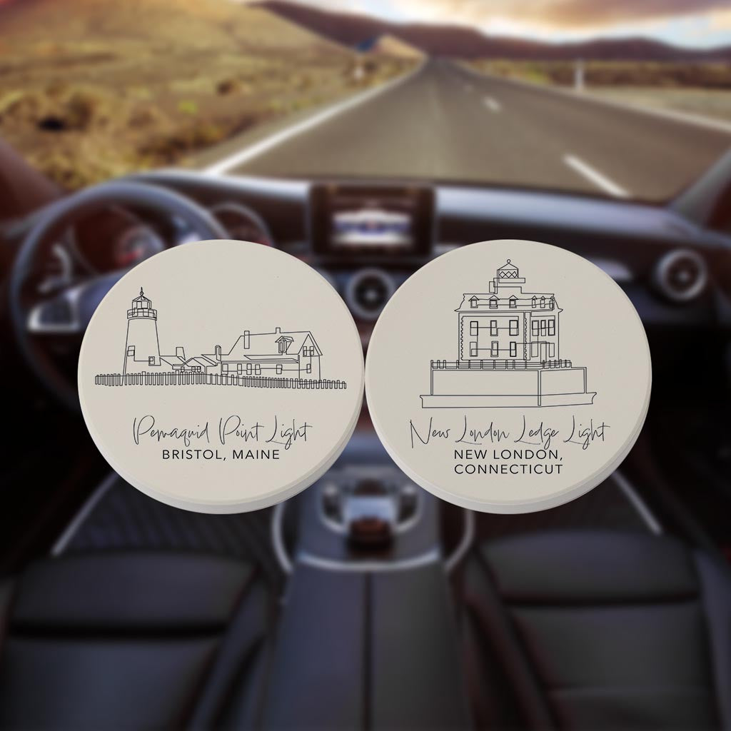 New England Lighthouses Cream Colored | Absorbent Car Coasters | Set of 2 | Min 4