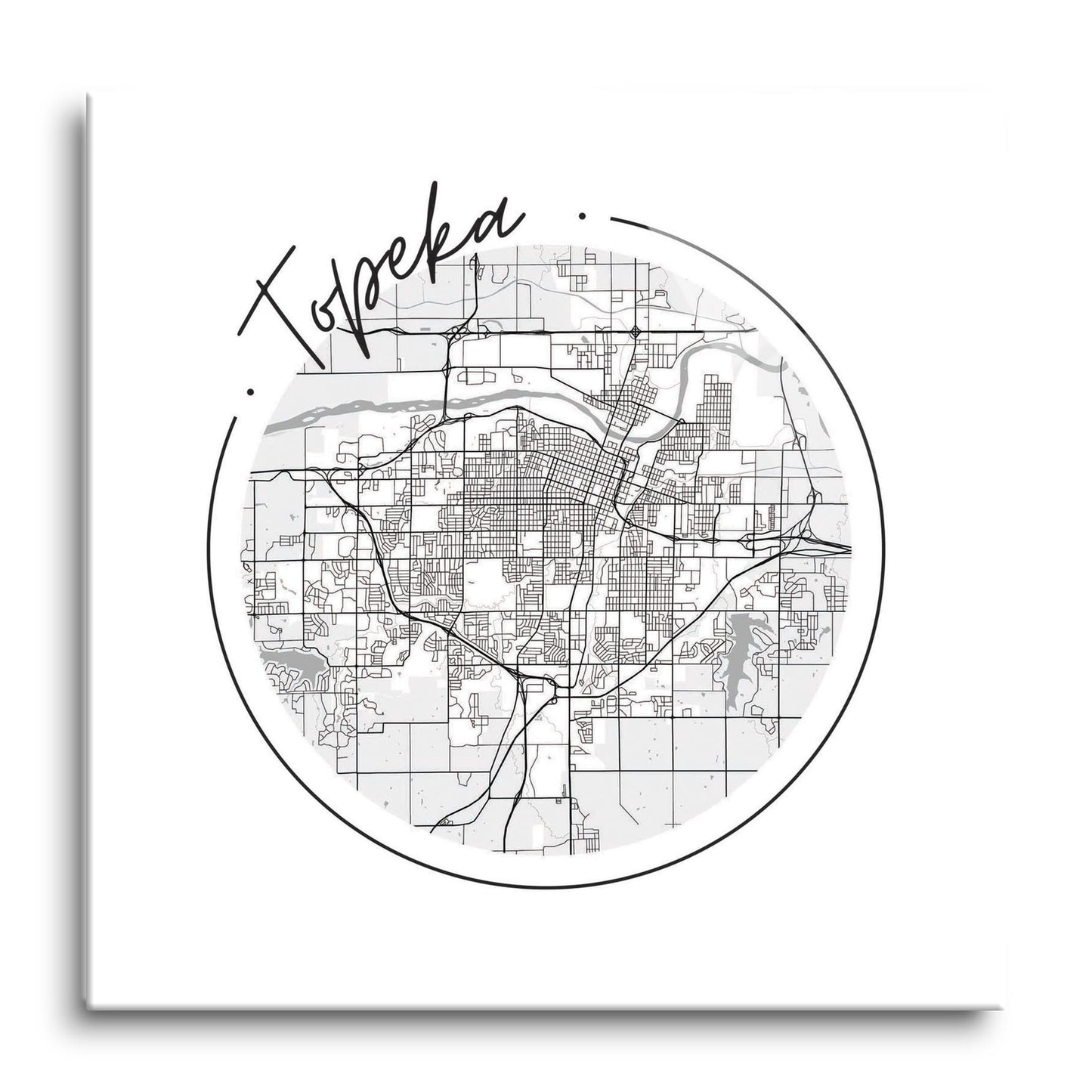 Minimalist B&W Kansas Topeka Circle Map | Hi-Def Glass Art | Eaches | Min 1