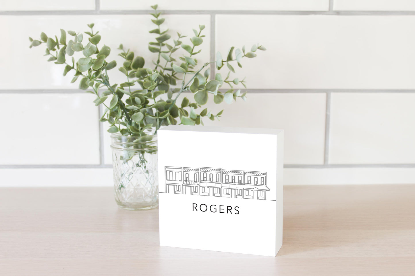 Minimalist B&W Arkansas Rogers Skyline | Wood Block | Eaches | Min 4