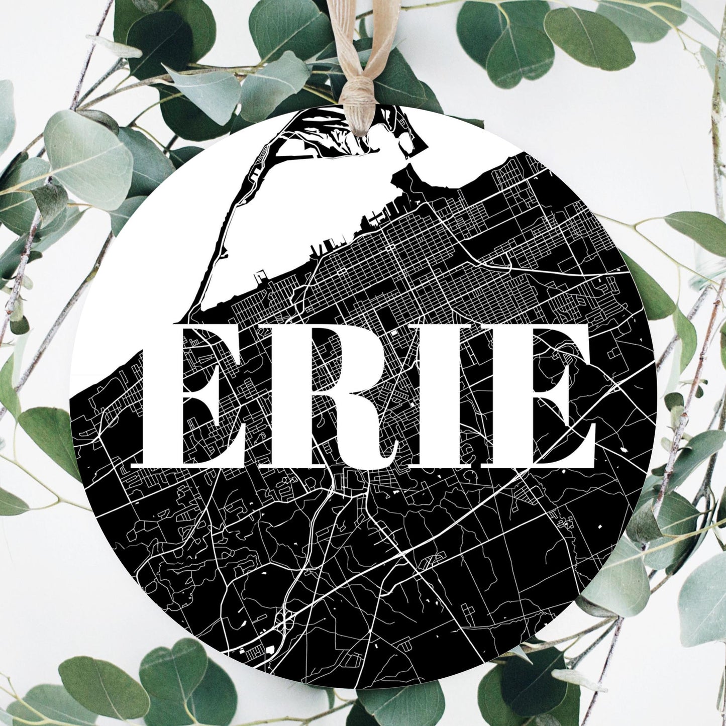 Minimalistic B&W Pennsylvania Erie Map | Wood Ornament | Eaches | Min 1