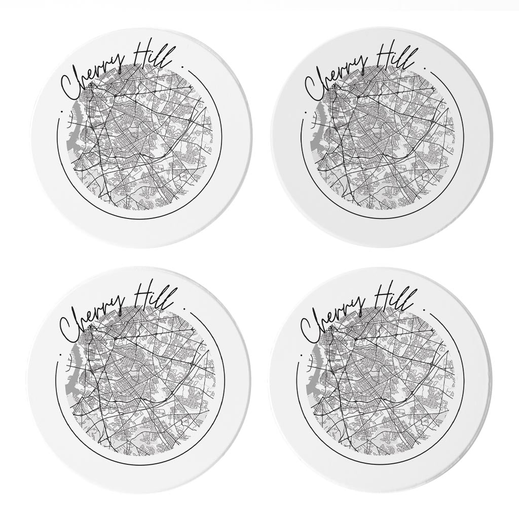 Minimalistic B&W New Jersey Cherry Hill Circle Map| Absorbent Coasters | Set of 4 | Min 2