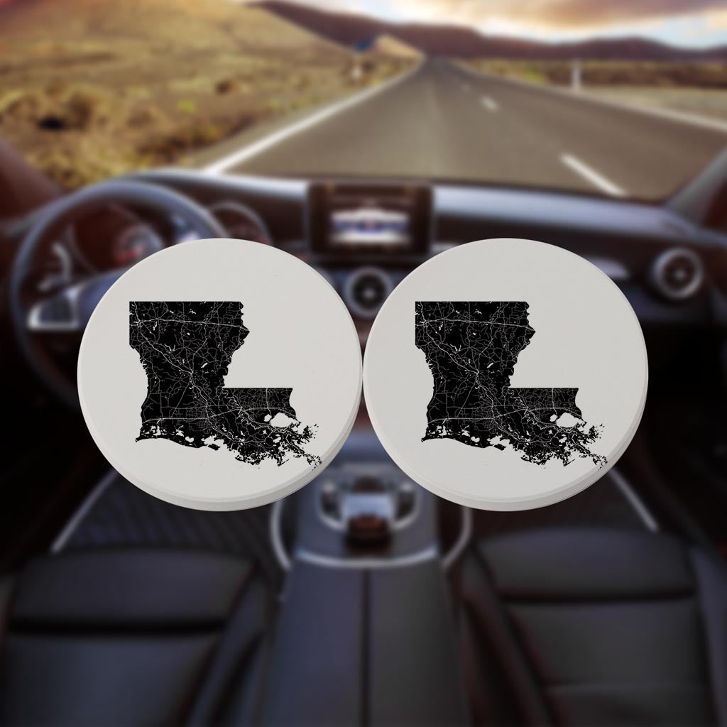 Modern Louisiana State Shape With Map | Absorbent Car Coasters | Set of 2 | Min 4