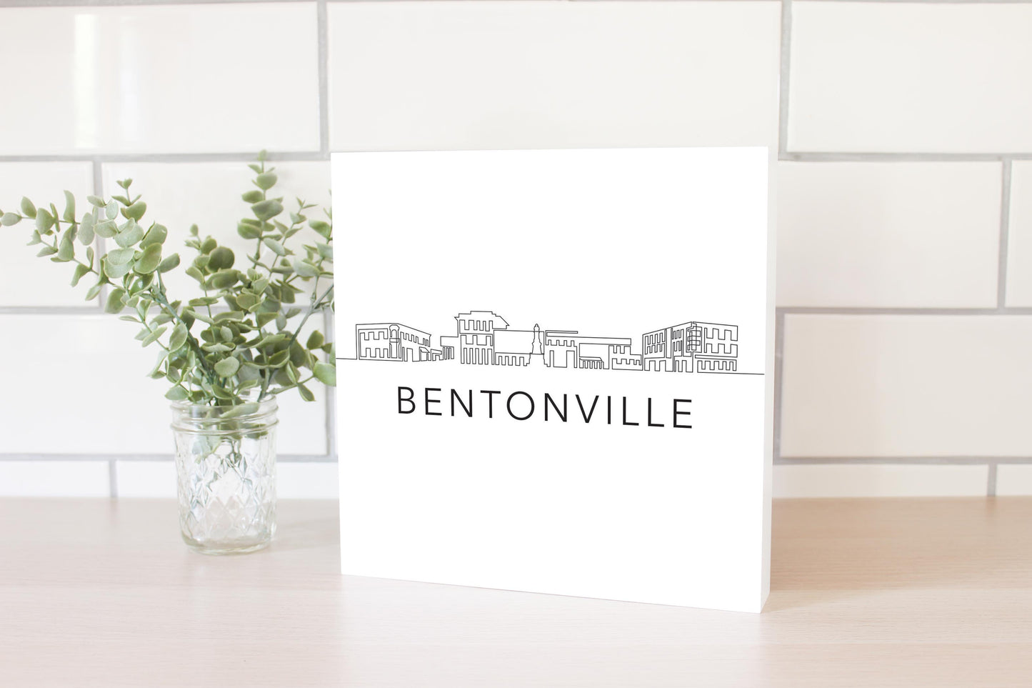 Minimalist B&W Arkansas Bentonville Skyline | Wood Block | Eaches | Min 2