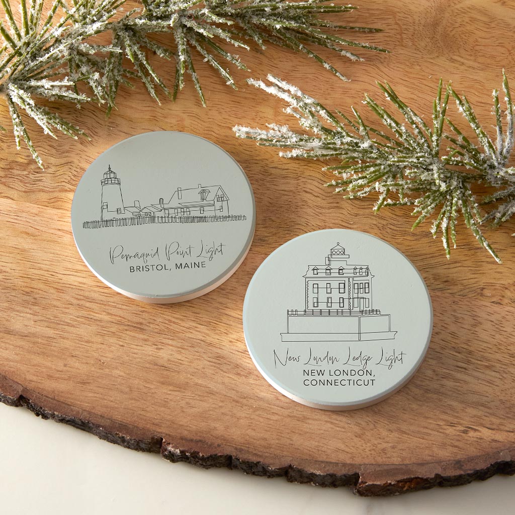 New England Lighthouses Muted Coastal | Absorbent Car Coasters | Set of 2 | Min 4