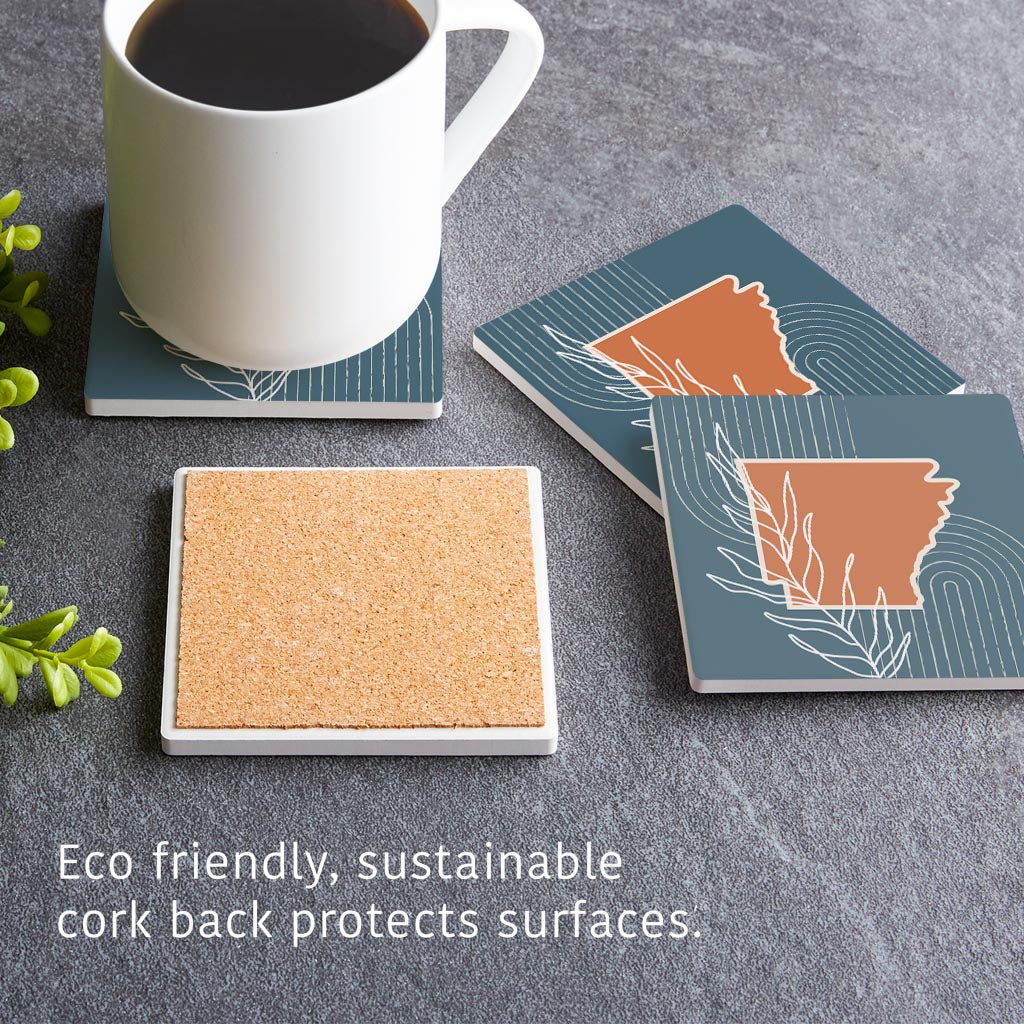 Modern Minimalist Arkansas State Shape With Leaf | Absorbent Coasters | Set of 4 | Min 2