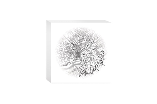 Minimalistic B&W Pennsylvania Philadelphia Circle Map | Wood Block | Eaches | Min 4