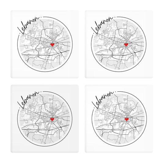Minimalist B&W Tennessee Lebanon Circle Map Heart| Absorbent Coasters | Set of 4 | Min 2