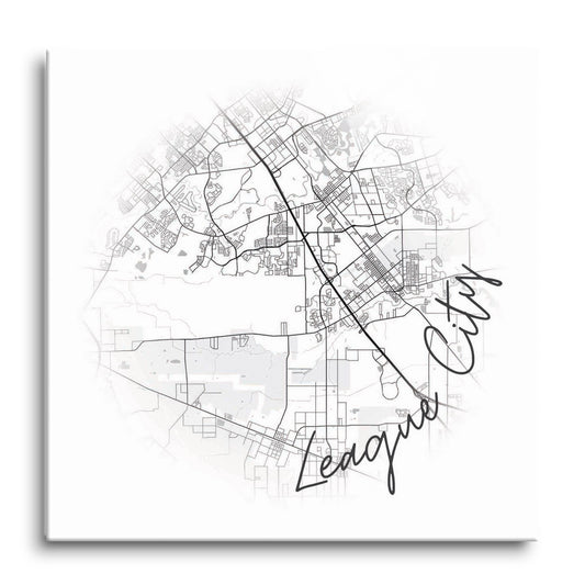 Minimalistic B&W Texas League City Circle Map | Hi-Def Glass Art | Eaches | Min 1