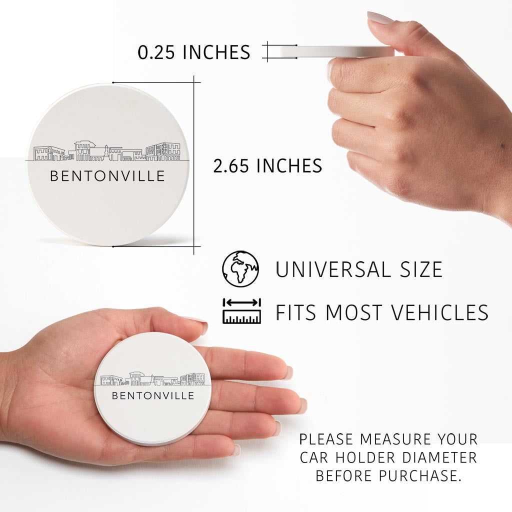 Minimalist B&W Arkansas Bentonville Skyline | Absorbent Car Coasters | Set of 2 | Min 4