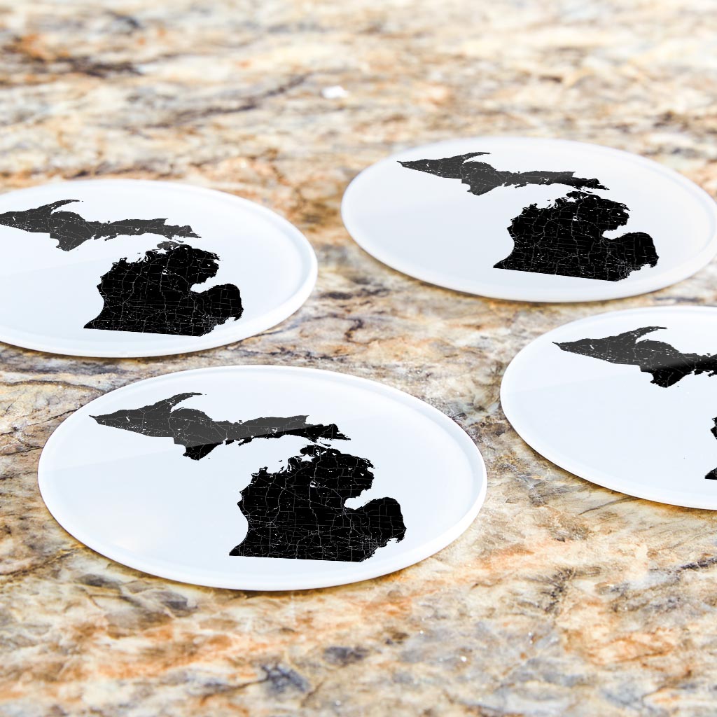 Minimalistic B&W Michigan Map Petoskey Star | Hi-Def Glass Coasters | Set of 4 | Min 2