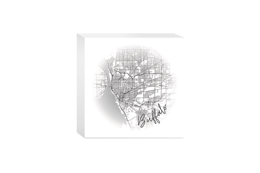 Minimalistic B&W New York Buffalo Faded Circle Map | Wood Block | Eaches | Min 4