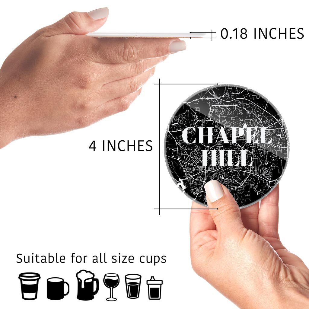 Minimalistic B&W North Carolina Chapel Hill Maps| Hi-Def Glass Coasters | Set of 4 | Min 2