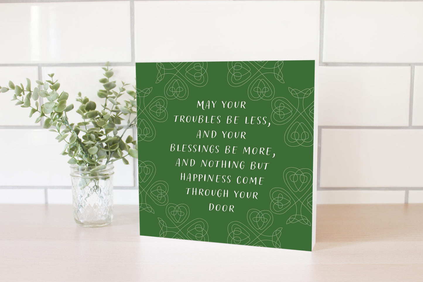 Dark Green Shamrock Irish Blessings Poem | Wood Block | Eaches | Min 2