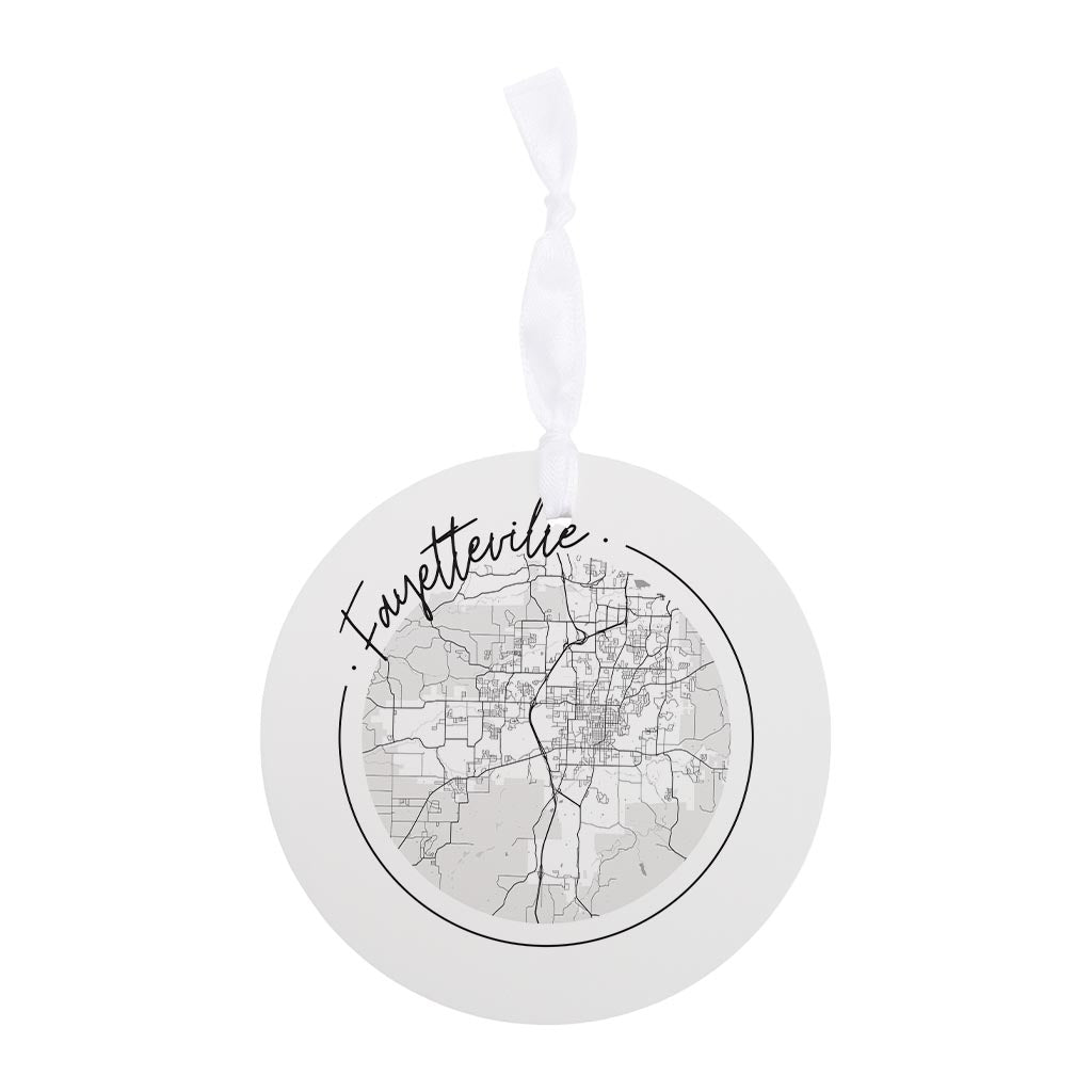 B&W Minimalist Arkansas Fayetteville Circle Map | Wood Ornament | Eaches | Min 6