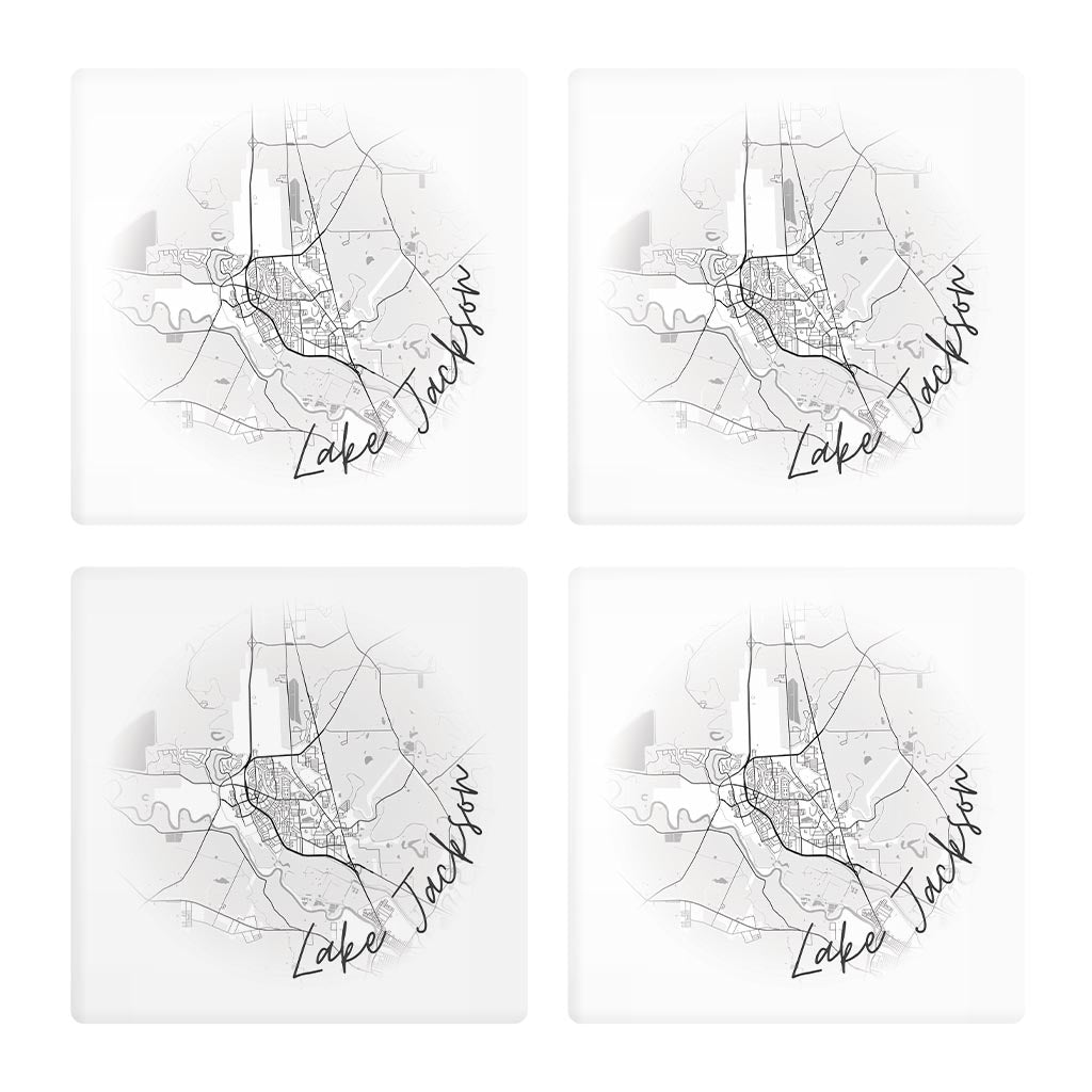 Minimalistic B&W Texas Lake Jackson Circle Map | Absorbent Coasters | Set of 4 | Min 2