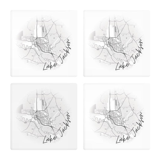 Minimalistic B&W Texas Lake Jackson Circle Map | Absorbent Coasters | Set of 4 | Min 2