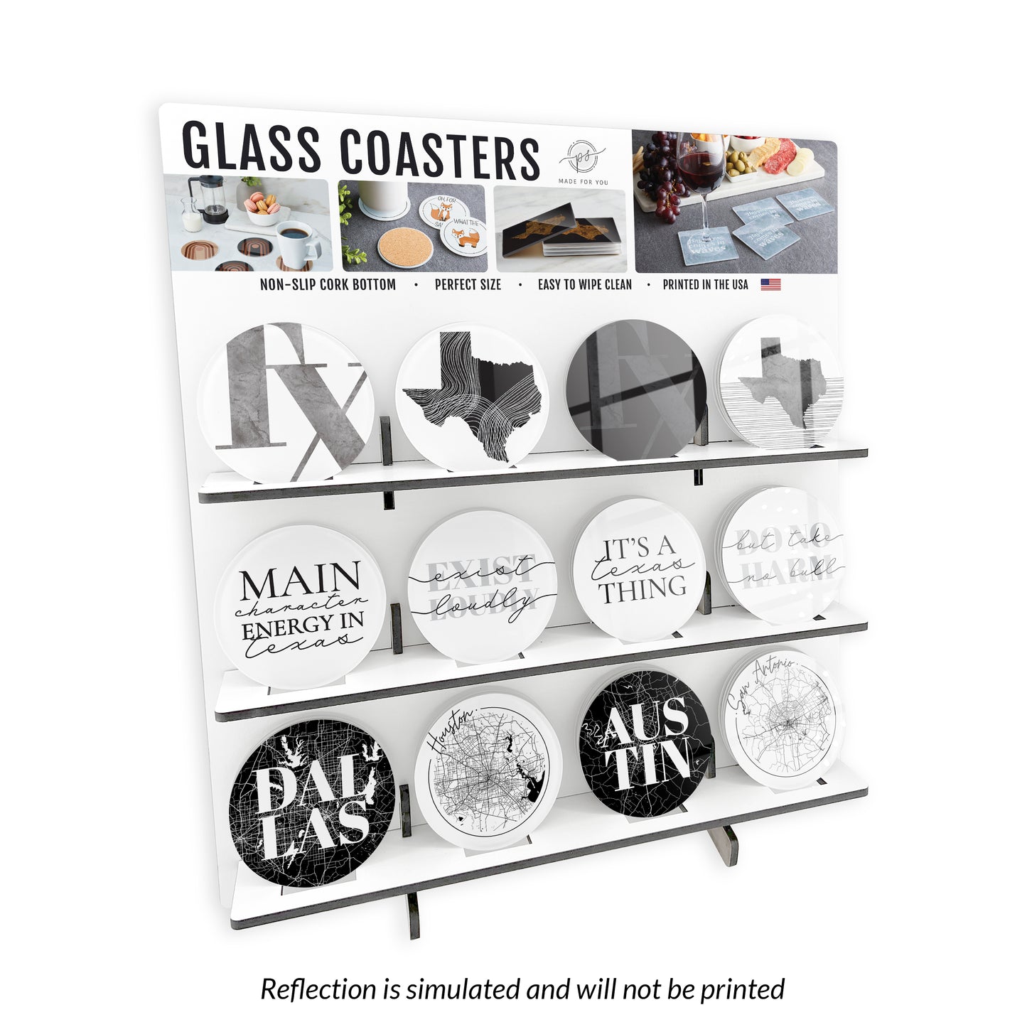 Modern Black & White Texas Circle Glass Coaster Loaded Display POP Min of 1
