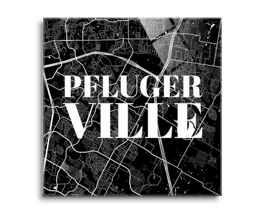 Minimalistic B&W Texas Pflugerville Map| Hi-Def Glass Art | Eaches | Min 2